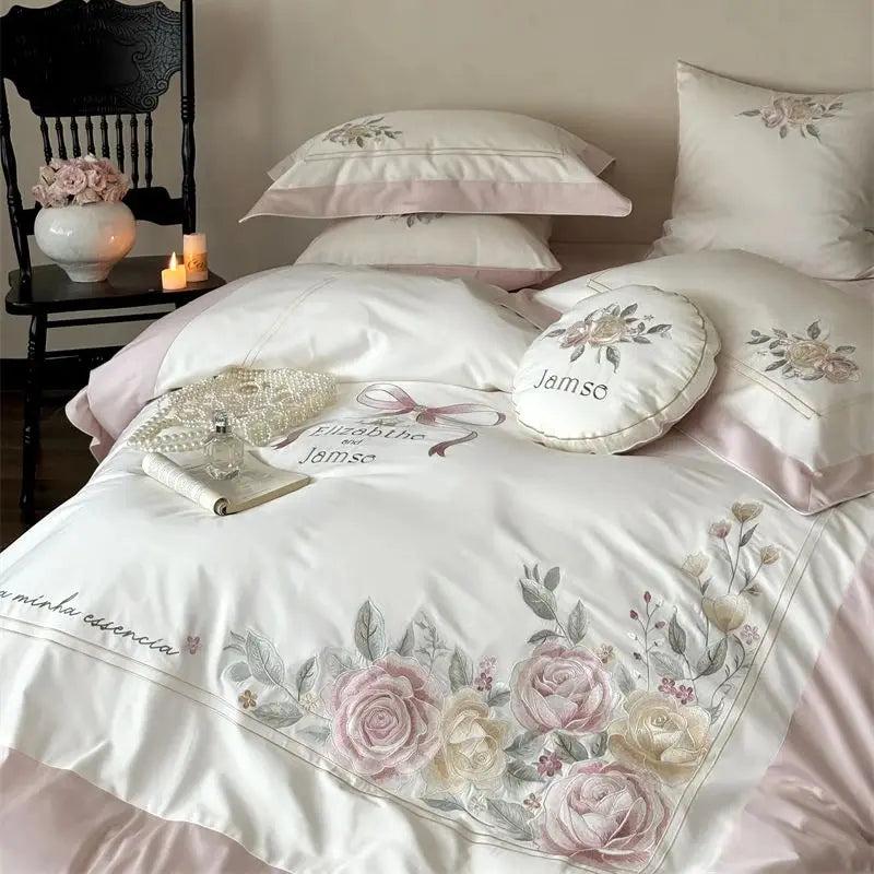 Victorian Peony Flowers Embroidered Princess Egyptian Cotton 1000TC Bedding Set