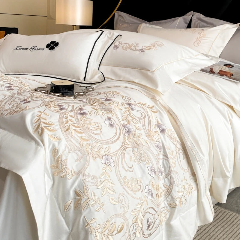 Royal Flowers Embroidered Wedding Duvet Cover Set, Egyptian Cotton Bedding Set