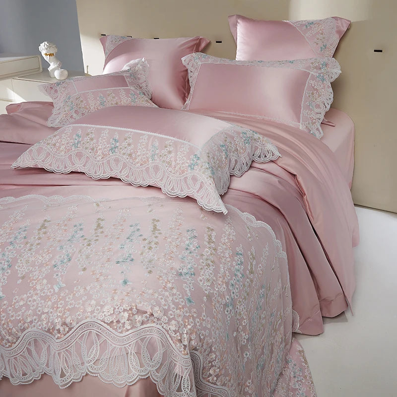 Pink Elegant European Satin Wedding Egyptian Cotton 1000TC Bedding Set