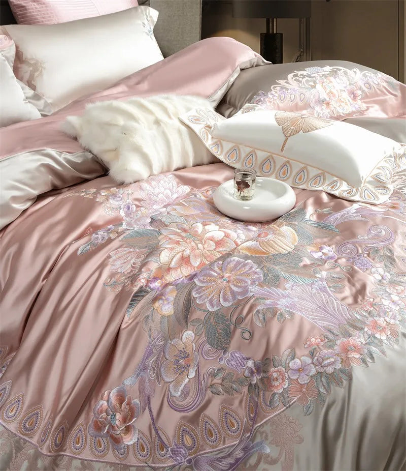 Victorian Pink Peony Flowers 1000TC Cotton Satin Patchwork Bedding Set