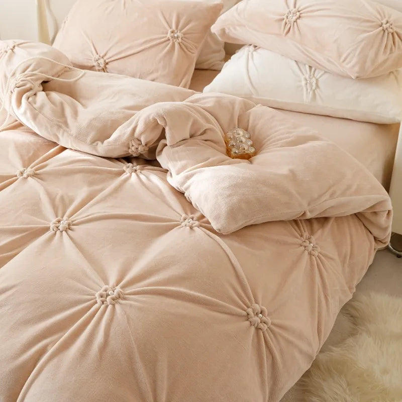 Beige Modern Warm Velvet Fluffy Flower Pleated Pearl Bedding Set