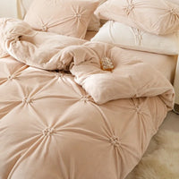 Thumbnail for Beige Modern Warm Velvet Fluffy Flower Pleated Pearl Bedding Set