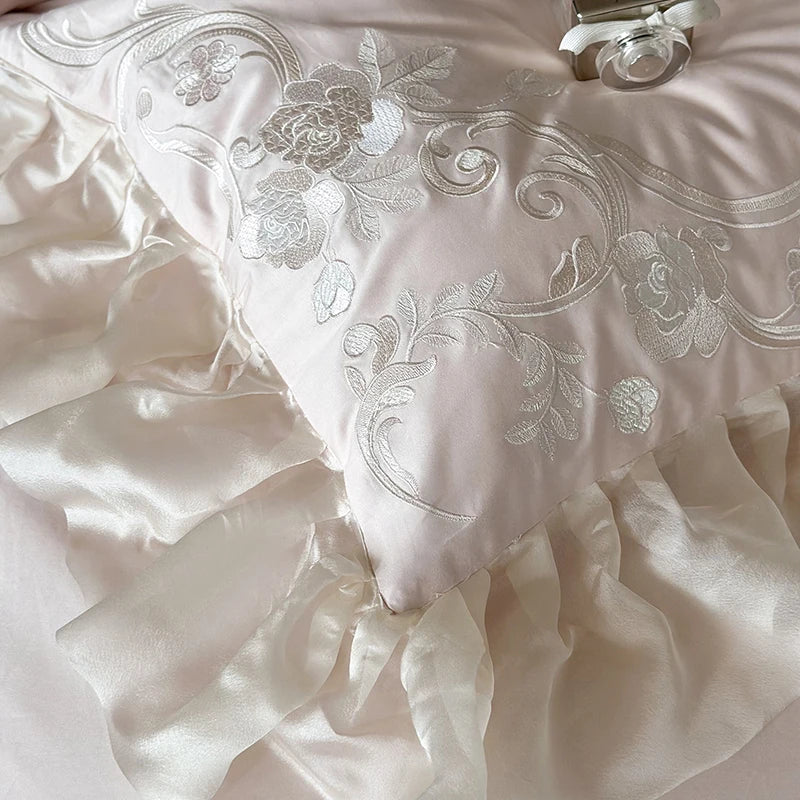 White Pink Rose Flowers Embroidered Wedding 1000TC Egyptian Cotton Bedding Set