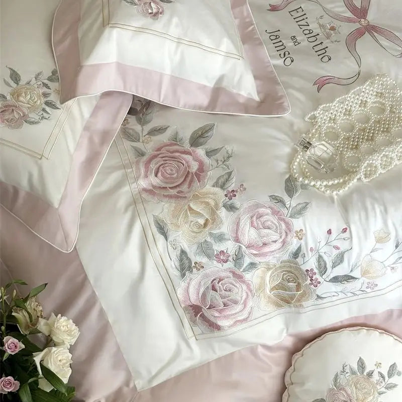 Victorian Peony Flowers Embroidered Princess Egyptian Cotton 1000TC Bedding Set