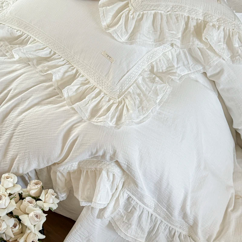 White French Vintage Princess Pure Cotton Double Layer Crinkle Yarn Bedding Set