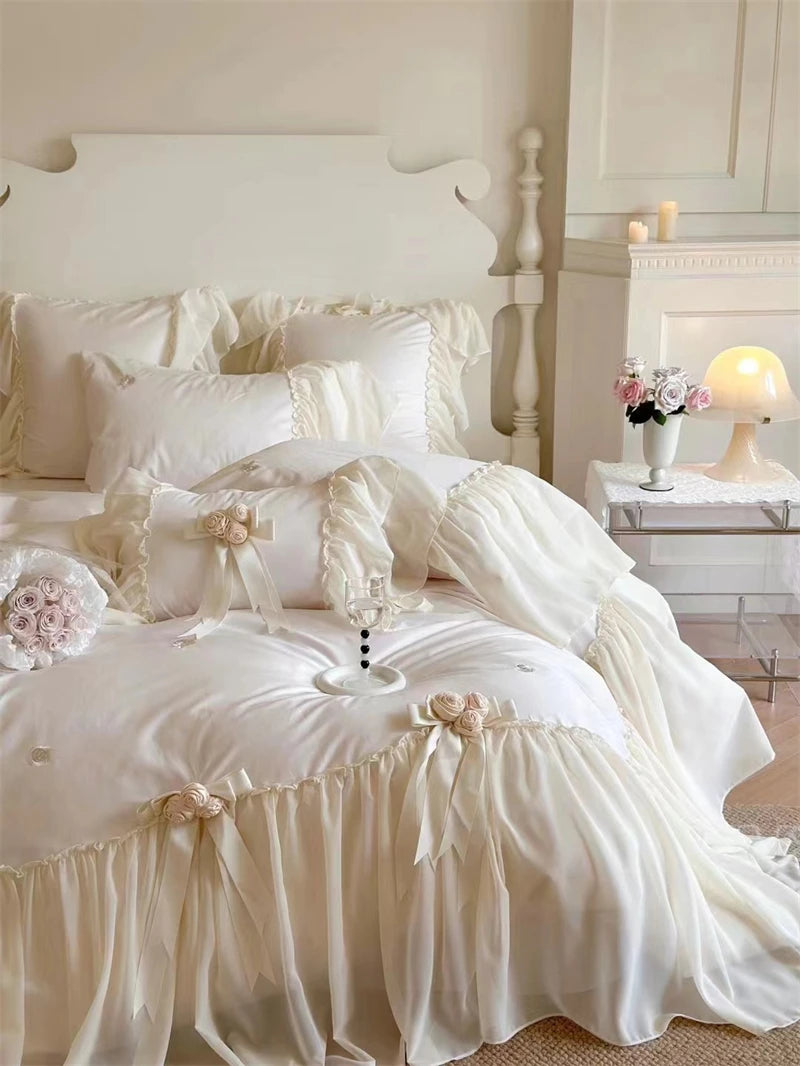 Premium White Romantic Rose Ruffled Wedding 1200TC Egyptian Cotton Bedding Set