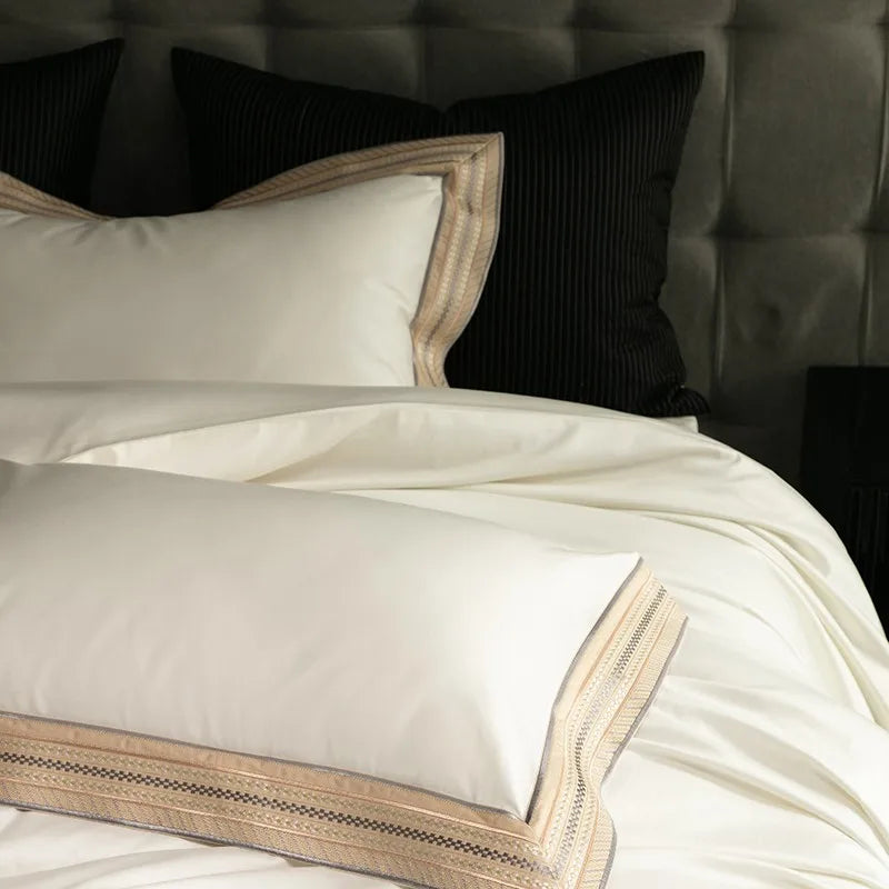 White Gold Embroidered 100%Cotton Hotel Grade Bedding Set