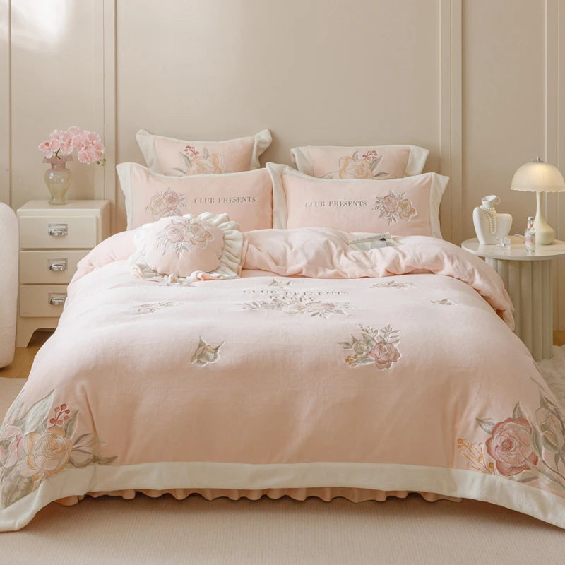 Pink Rose Flowers Embroidered Princess Fleece Velvet Bedding Set