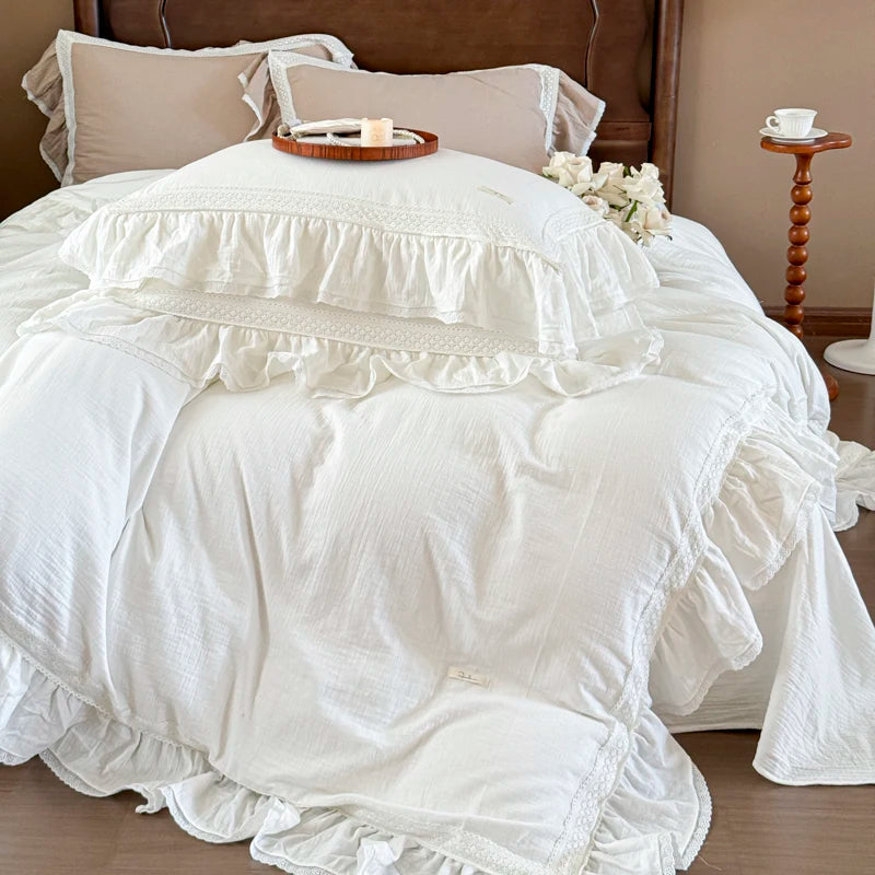 White French Vintage Princess Pure Cotton Double Layer Crinkle Yarn Bedding Set