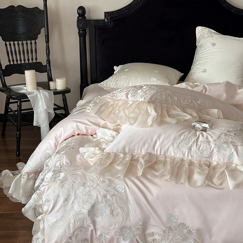 White Pink Rose Flowers Embroidered Wedding 1000TC Egyptian Cotton Bedding Set