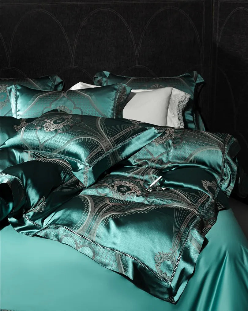 European Peacock Blue Gray Luxury Jacquard Egyptian cotton 1000TC Bedding Set