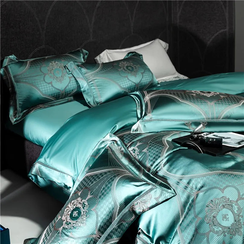 European Peacock Blue Gray Luxury Jacquard Egyptian cotton 1000TC Bedding Set