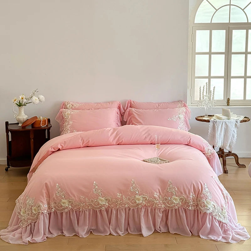 Pink Gold Royal Luxurious French Rose Embroidered Duvet Cover Set, Cotton Bedding Sets