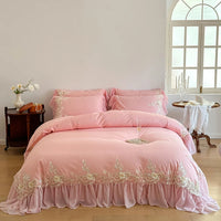 Thumbnail for Pink Gold Royal Luxurious French Rose Embroidered Duvet Cover Set, Cotton Bedding Sets