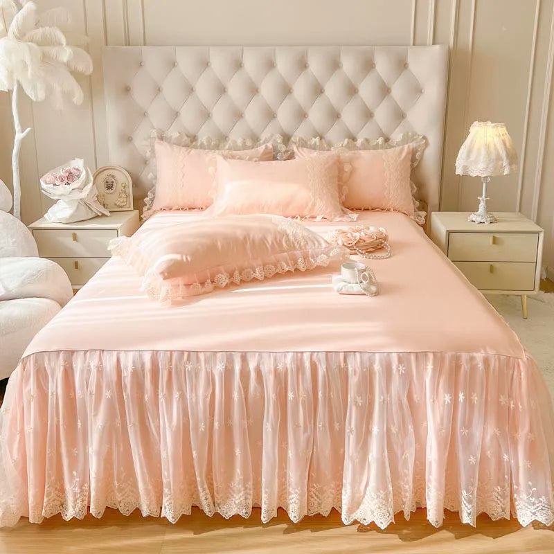 Pink Romantic Korean Princess Lace Ruffles Duvet Cover Set, Cotton Bedding Set