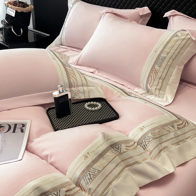 Pink Gold Luxury Brushed Embroidery Duvet Cover Set, 600TC Egyptian Cotton Bedding Set