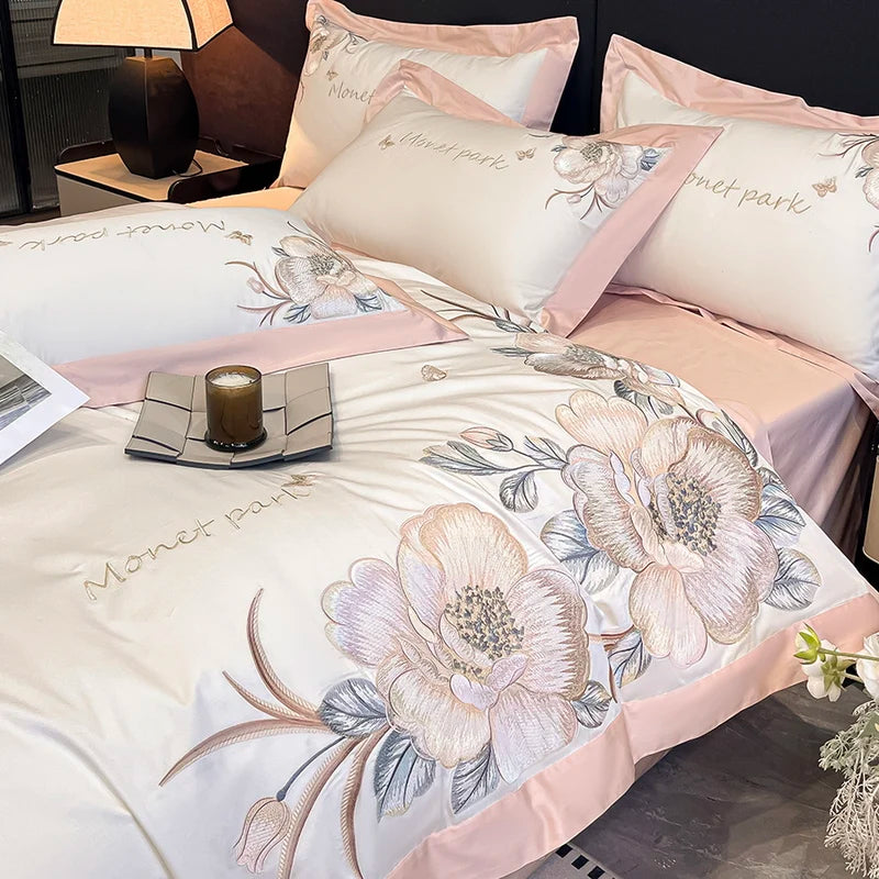 Pink Flowers Embroidered Wedding, Egyptian Cotton Soft Bedding Set