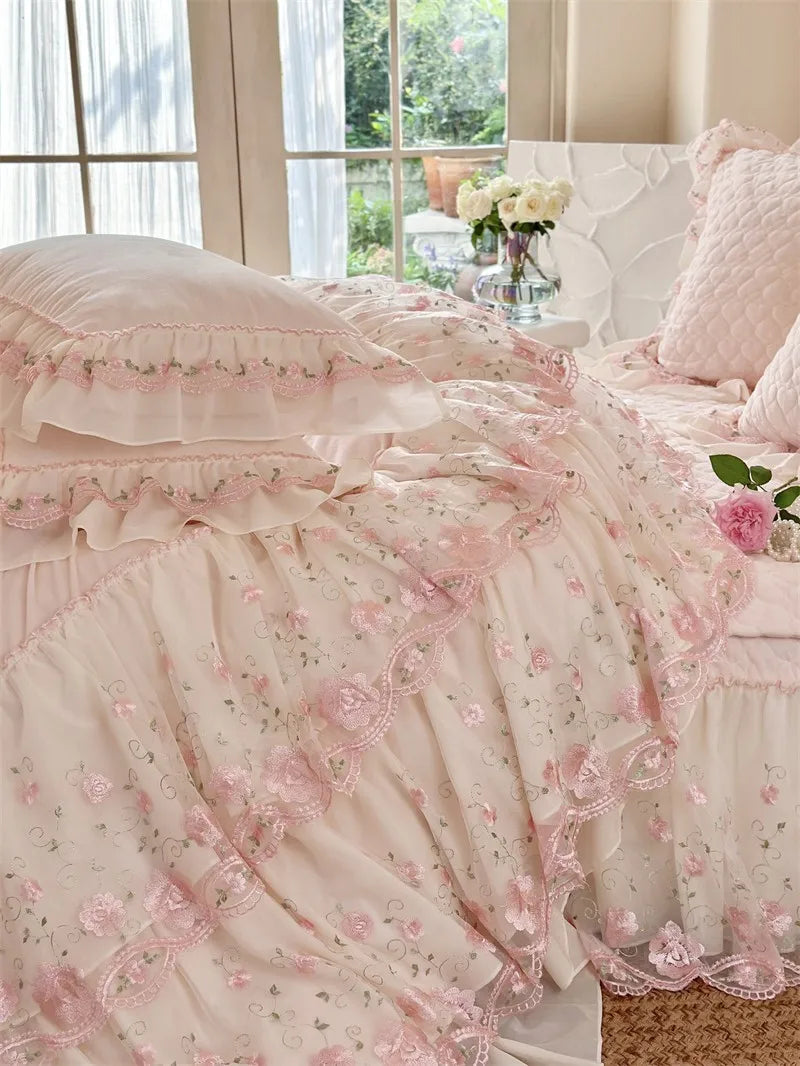 Victorian Pink Floral Crystal Velvet Bedskirt Bedding Set