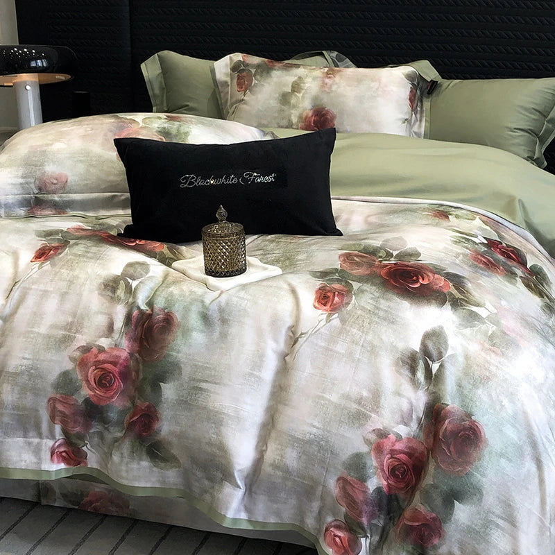 Red Rose Chic Print Flower Lyocell Natural Skin-friendly Breathable Bedding Set