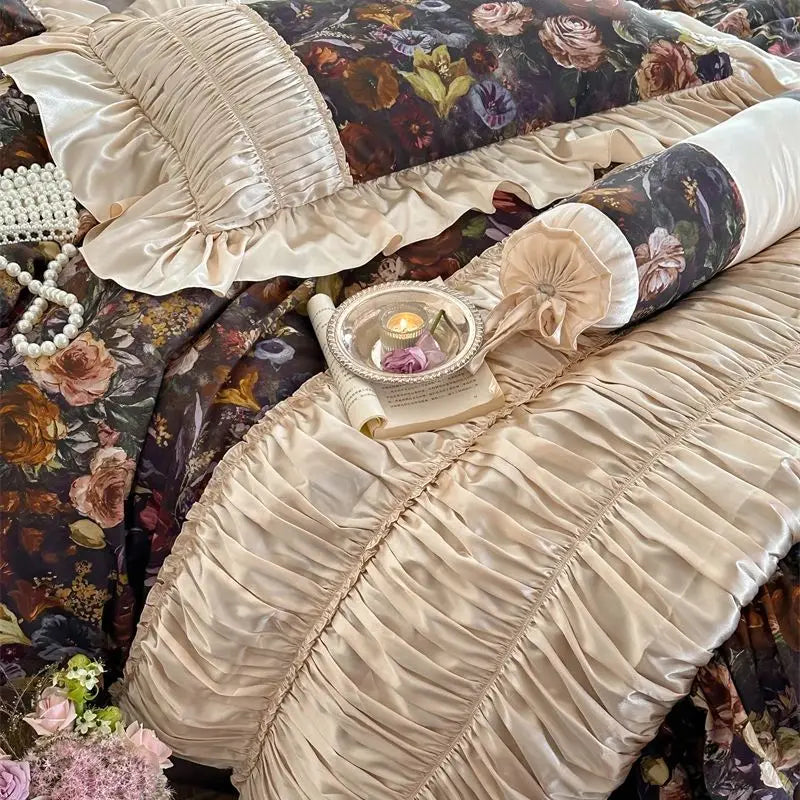 Vintage French Brown Rose Pleated Lace Ruffles Egyptian Cotton 1000TC Bedding Set