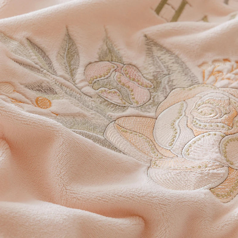 Pink Rose Flowers Embroidered Princess Fleece Velvet Bedding Set