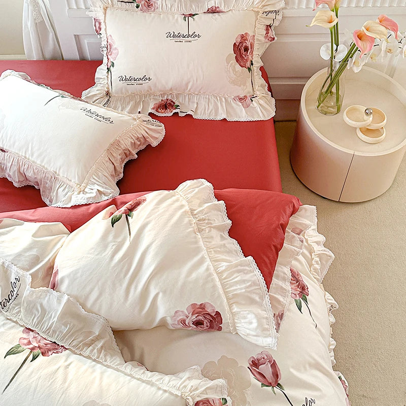 French Vintage Flowers Print Lace Ruffles 100% Cotton Bedding Set