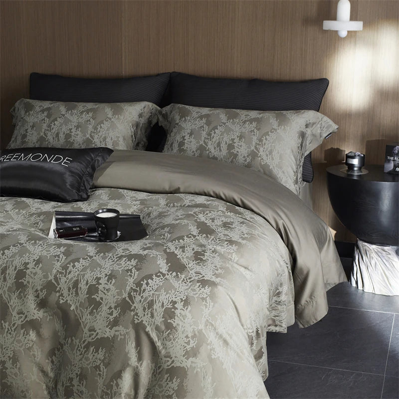 Luxury Dark Gray Vintage Jacquard Lyocell Soft Silky Duvet Cover Bedding Set