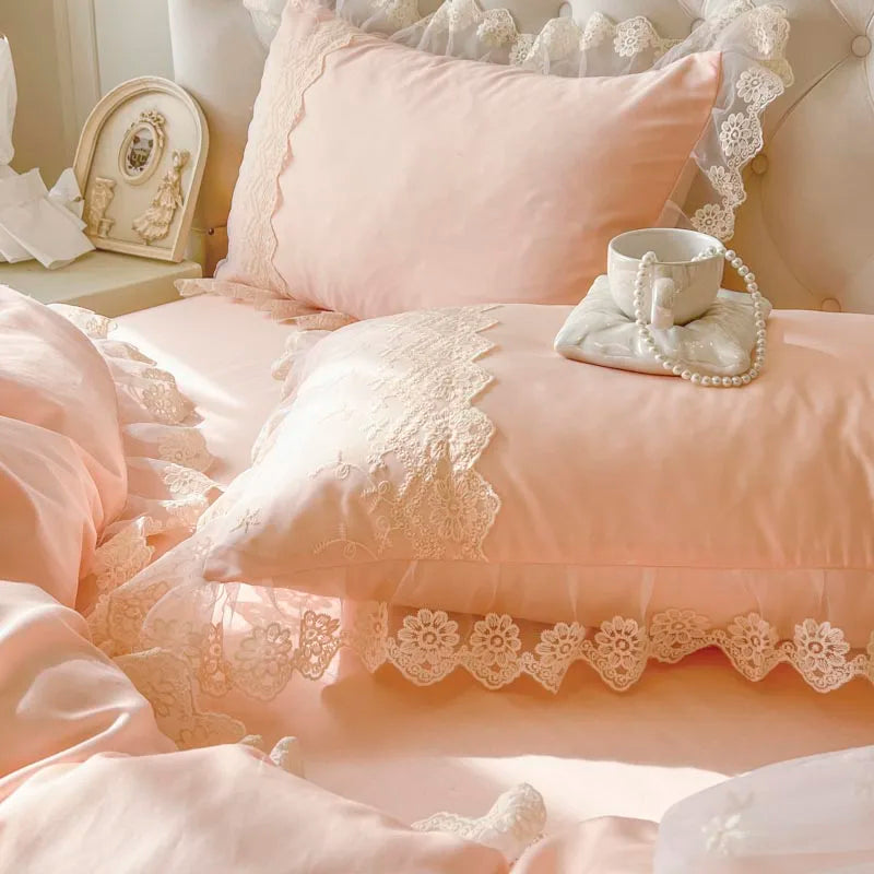 Pink Romantic Korean Princess Lace Ruffles Duvet Cover Set, Cotton Bedding Set