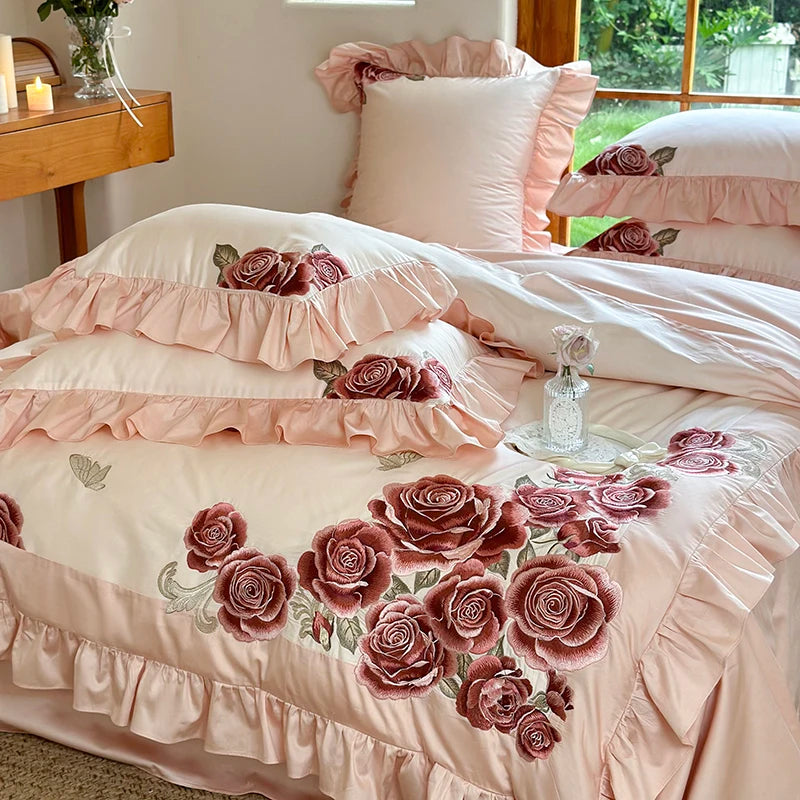 Luxury Butterfly Flowers Embroidered Wedding 1400TC Egyptian Cotton Bedding Set