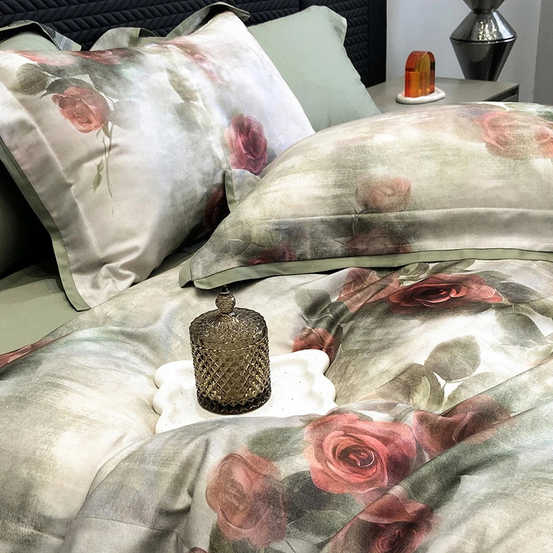 Red Rose Chic Print Flower Lyocell Natural Skin-friendly Breathable Bedding Set