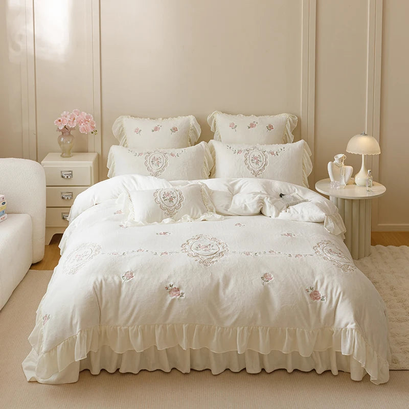 White Rose Flowers Western Fleece Embroidered Ruffles Princess Bedding Set