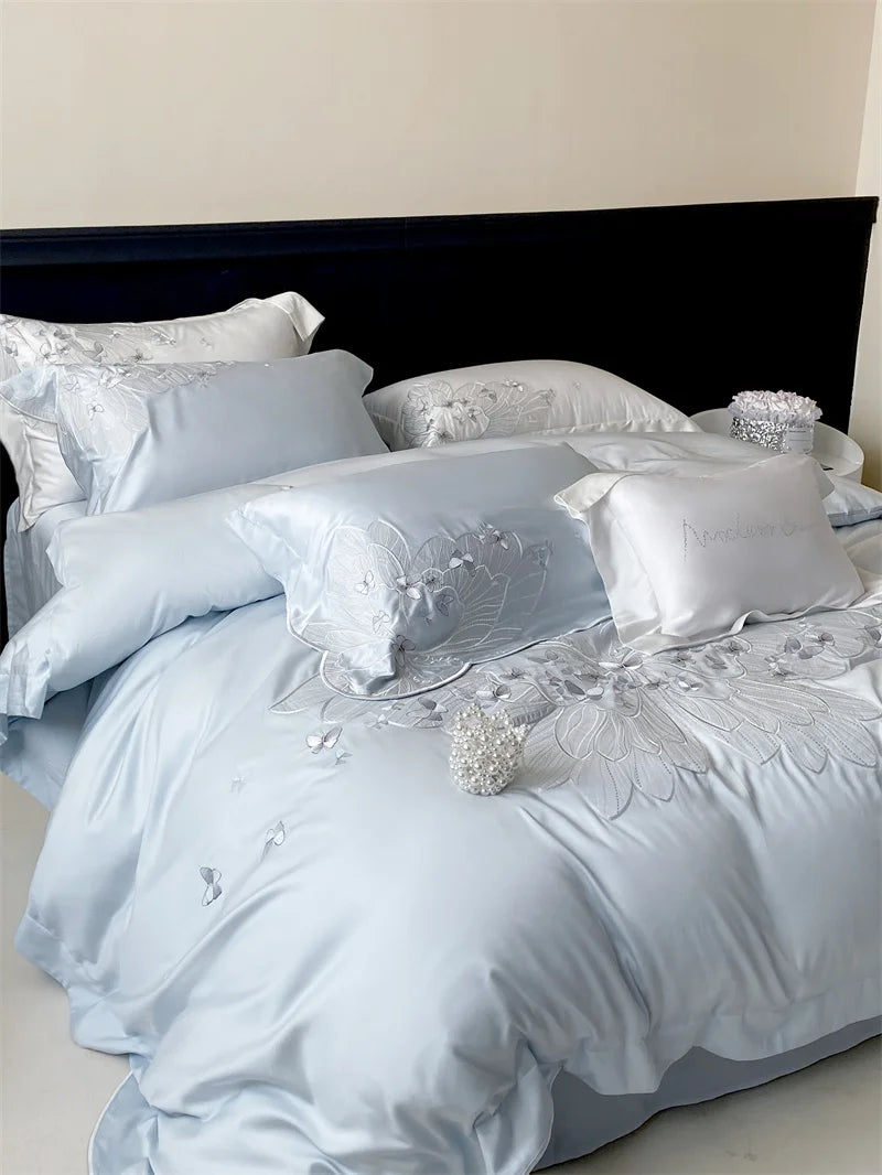 Chic White Butterfly Embroidered Luxury Lyocell Fabric Bedding Set