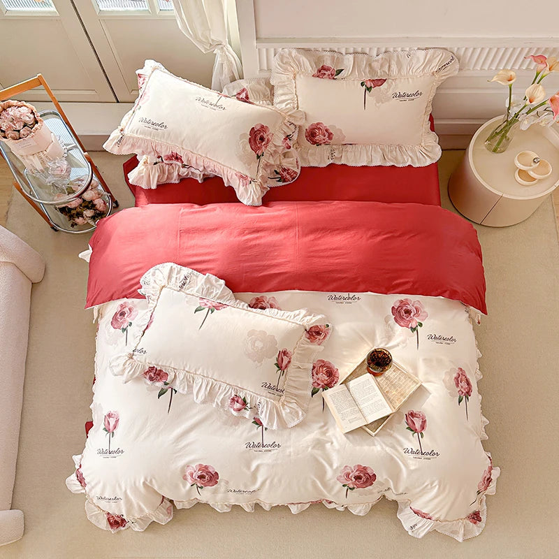 French Vintage Flowers Print Lace Ruffles 100% Cotton Bedding Set