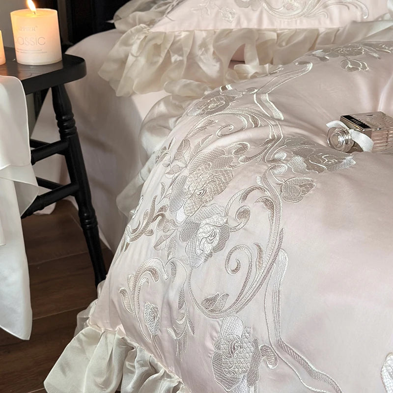 White Pink Rose Flowers Embroidered Wedding 1000TC Egyptian Cotton Bedding Set