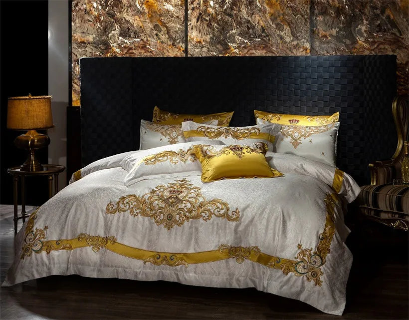 Gold White Baroque Western 1000TC Egyptian Cotton Patchwork Embroidered Bedding Set