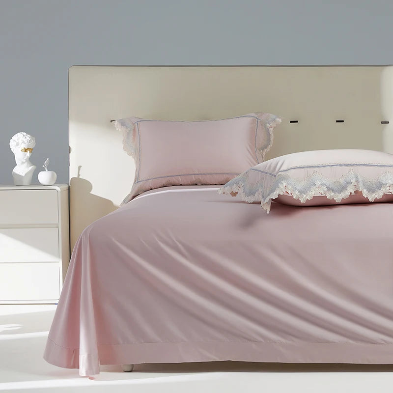 Pink Champagne Romantic French Satin Silky Duvet Cover Set, Egyptian Cotton 1000TC Bedding Set