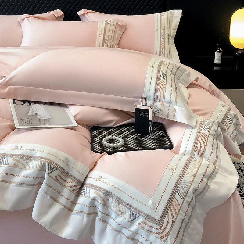 Pink Gold Luxury Brushed Embroidery Duvet Cover Set, 600TC Egyptian Cotton Bedding Set