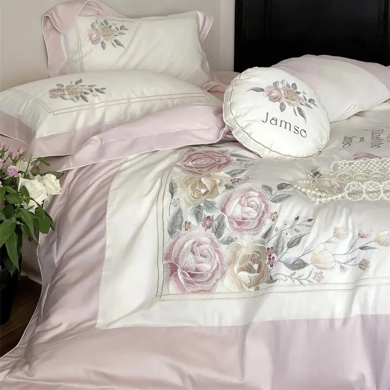 Victorian Peony Flowers Embroidered Princess Egyptian Cotton 1000TC Bedding Set