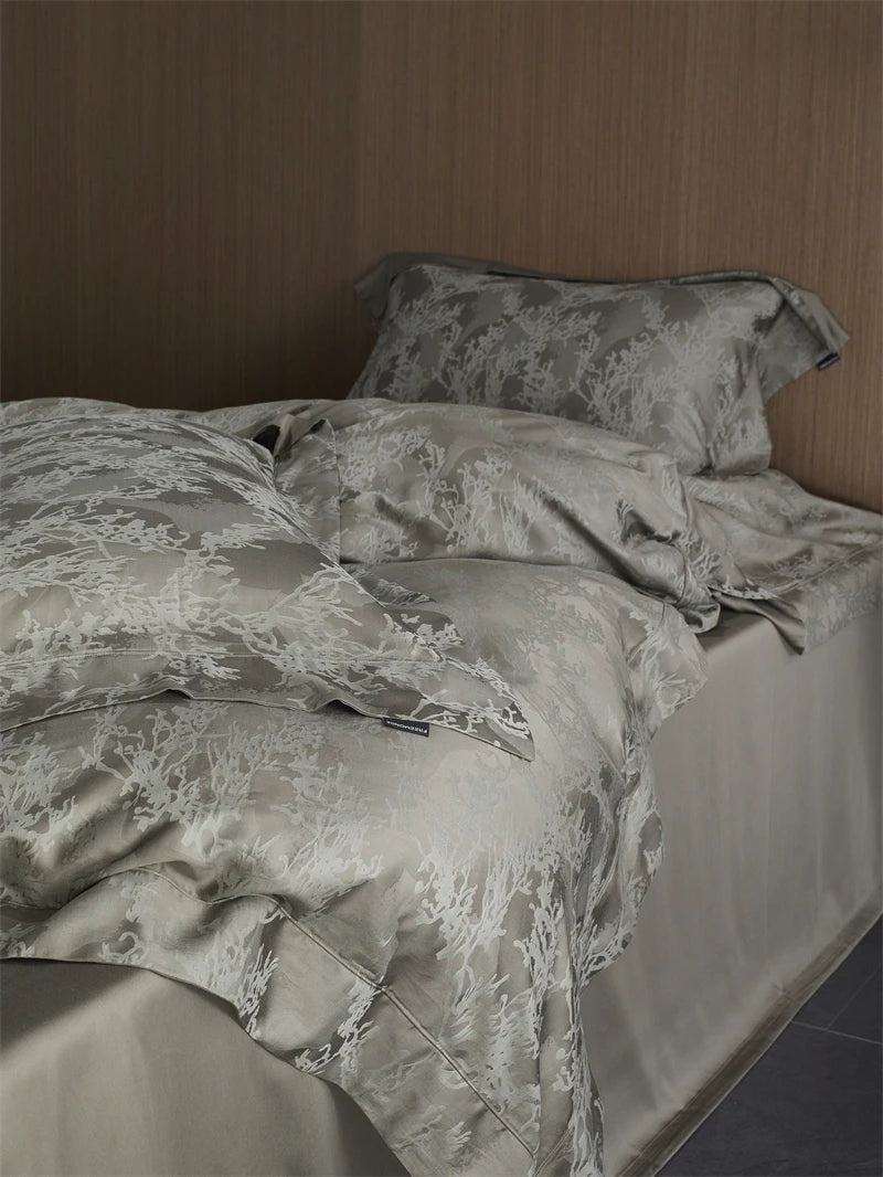 Luxury Dark Gray Vintage Jacquard Lyocell Soft Silky Duvet Cover Bedding Set