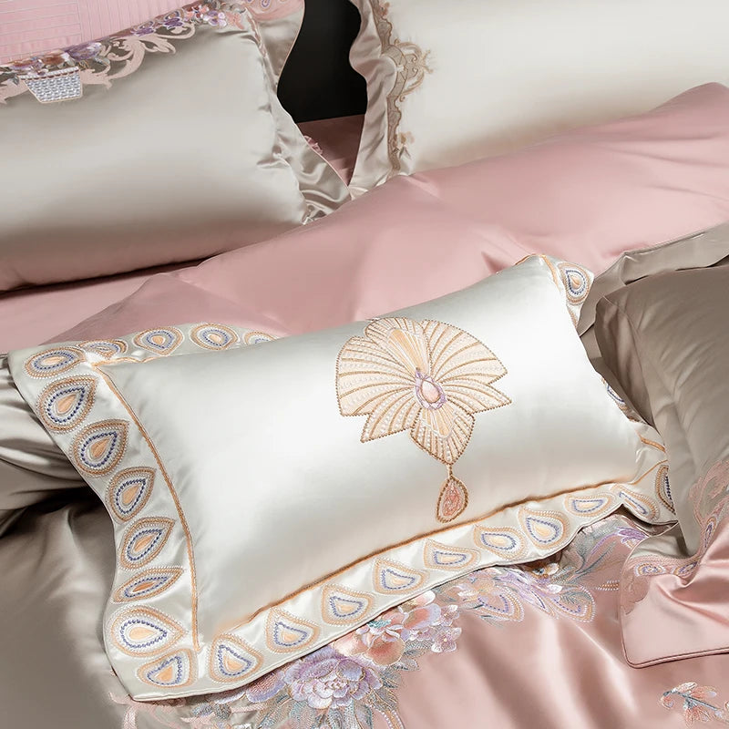 Luxury Gorgeous Flowers European Embroidered Palace Egyptian Cotton 1200TC Bedding Set