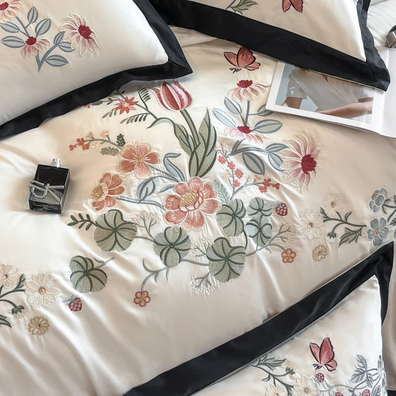 Vintage Europe Flowers Embroidered Skin-friendly Cotton Bedding Set