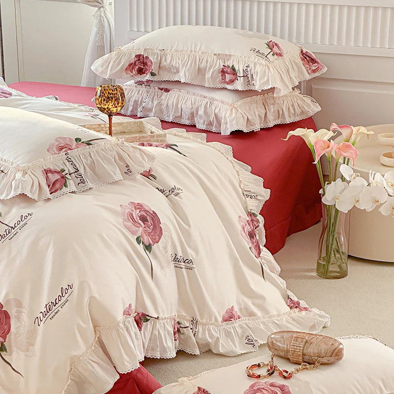 French Vintage Flowers Print Lace Ruffles 100% Cotton Bedding Set