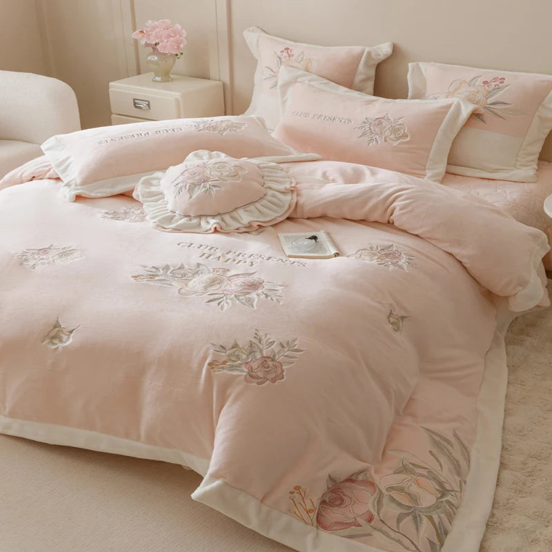 Pink Rose Flowers Embroidered Princess Fleece Velvet Bedding Set