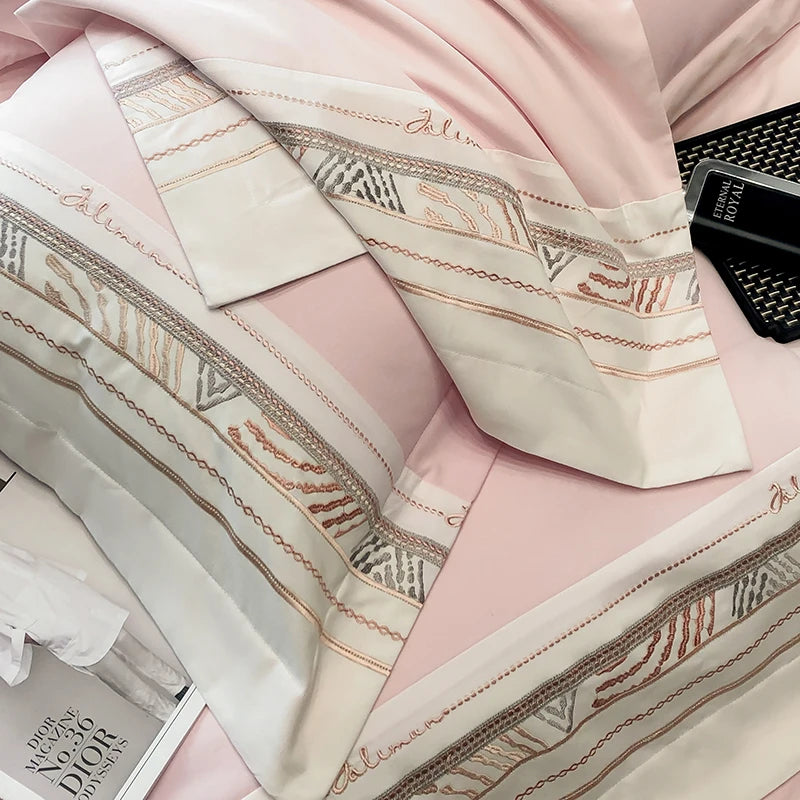 Pink Gold Luxury Brushed Embroidery Duvet Cover Set, 600TC Egyptian Cotton Bedding Set