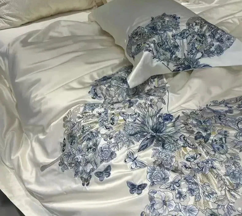 Luxury White Blue Butterfly Flowers Embroidered Bedding Set - Soft Satin Silk Cotton