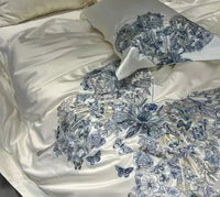 Thumbnail for Luxury White Blue Butterfly Flowers Embroidered Bedding Set - Soft Satin Silk Cotton