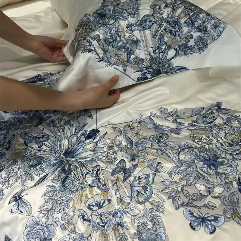 Luxury White Blue Butterfly Flowers Embroidered Bedding Set - Soft Satin Silk Cotton