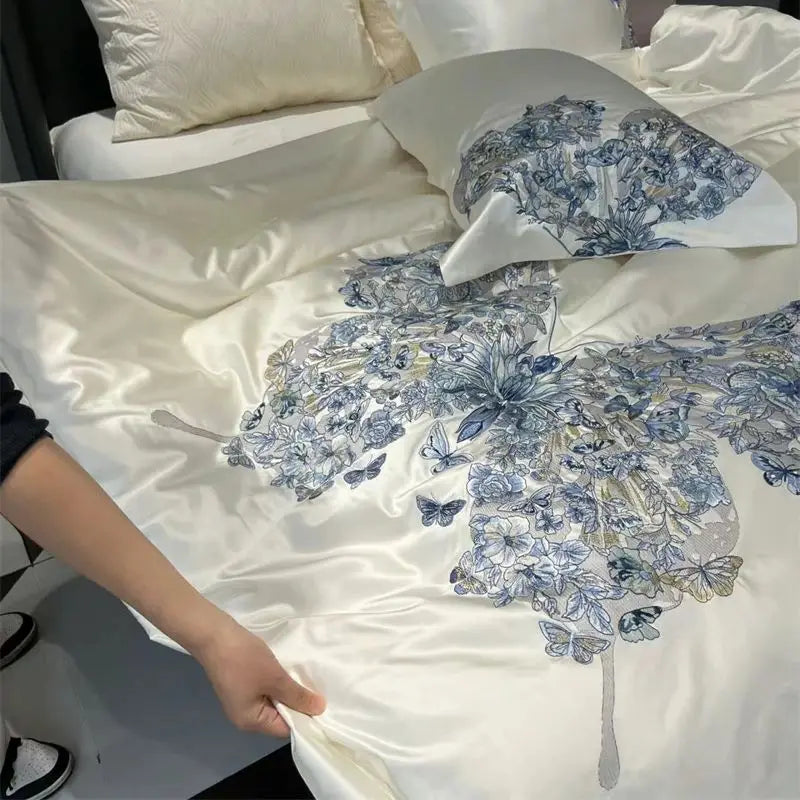 Luxury White Blue Butterfly Flowers Embroidered Bedding Set - Soft Satin Silk Cotton