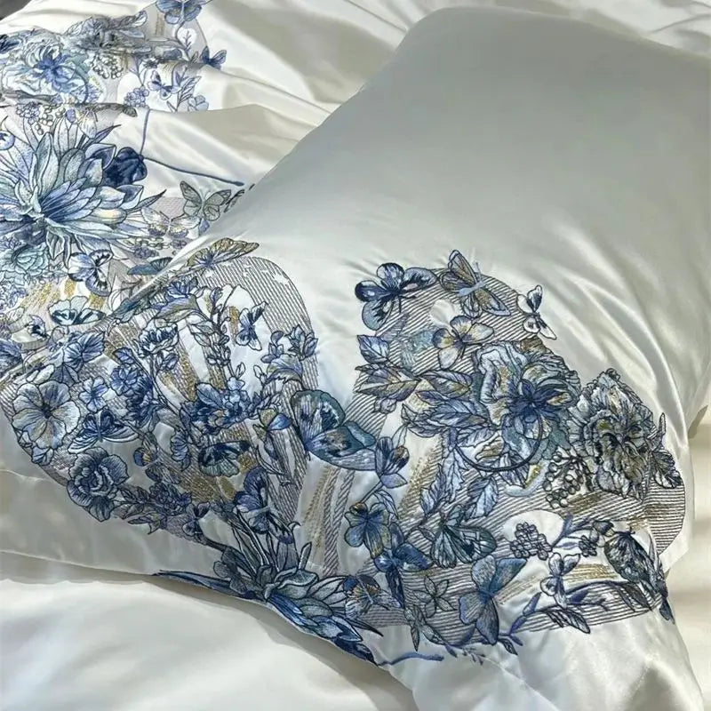 Luxury White Blue Butterfly Flowers Embroidered Bedding Set - Soft Satin Silk Cotton