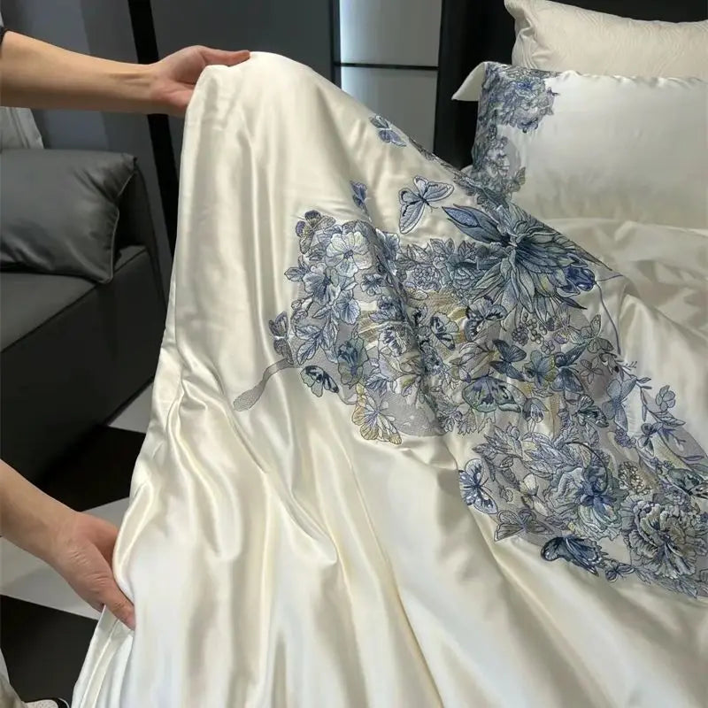 Luxury White Blue Butterfly Flowers Embroidered Bedding Set - Soft Satin Silk Cotton